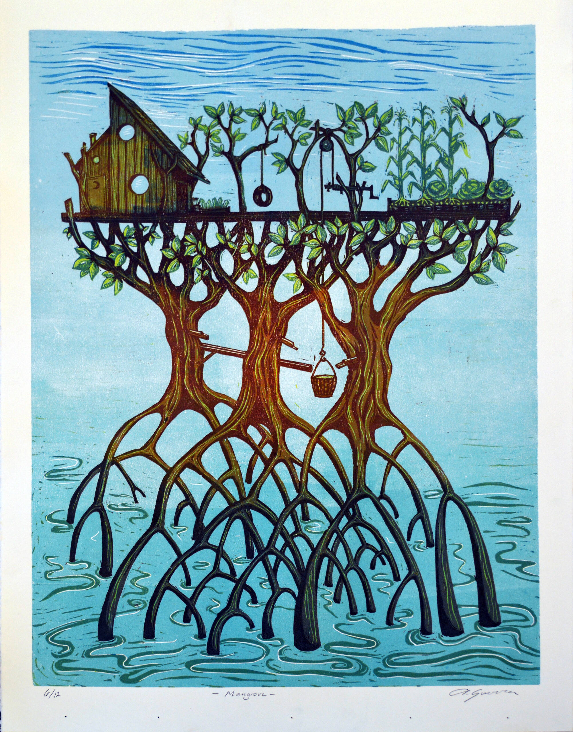 A linoleum print: A mangrove forest grows out of the water and intertwines. The tree tops hold up a house, a garden, a tire swing, and a pulley system. The pulley system leads to a bucket, which appears to be used to gather water for the house and garden.